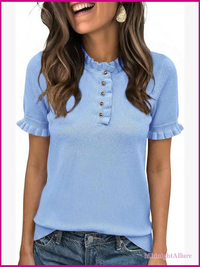 Puff Short Sleeve Sweater Top Ruffle Henley Neck Spring Summer Pullover Dressy